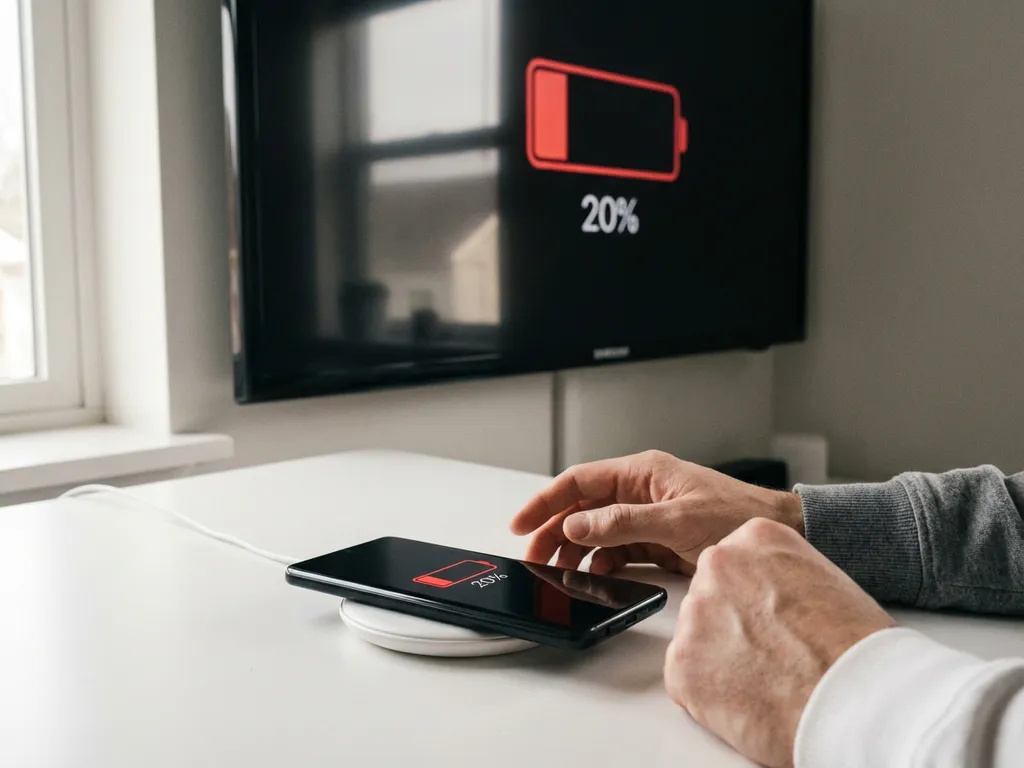 Black iPhone showing 20% red battery warning on white desk, wirelessly mirroring display to Samsung Smart TV in background