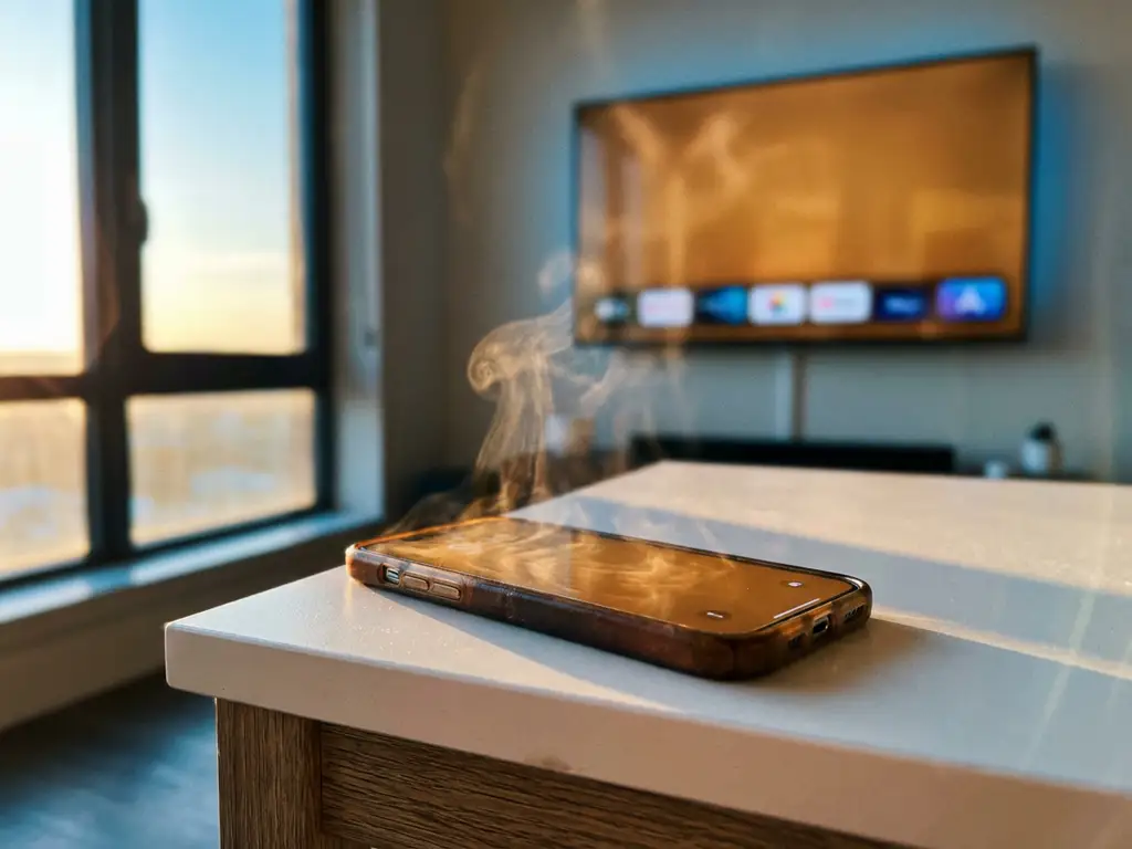 Overheated iPhone with amber-glowing screen on white desk, wirelessly connected to smart TV displaying mirrored content