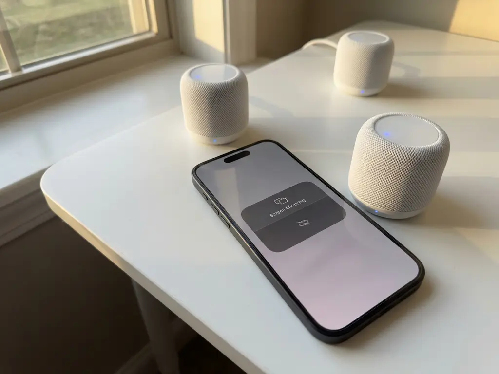 Black iPhone on white desk showing screen mirroring error with three mesh router nodes positioned around it in natural lighting