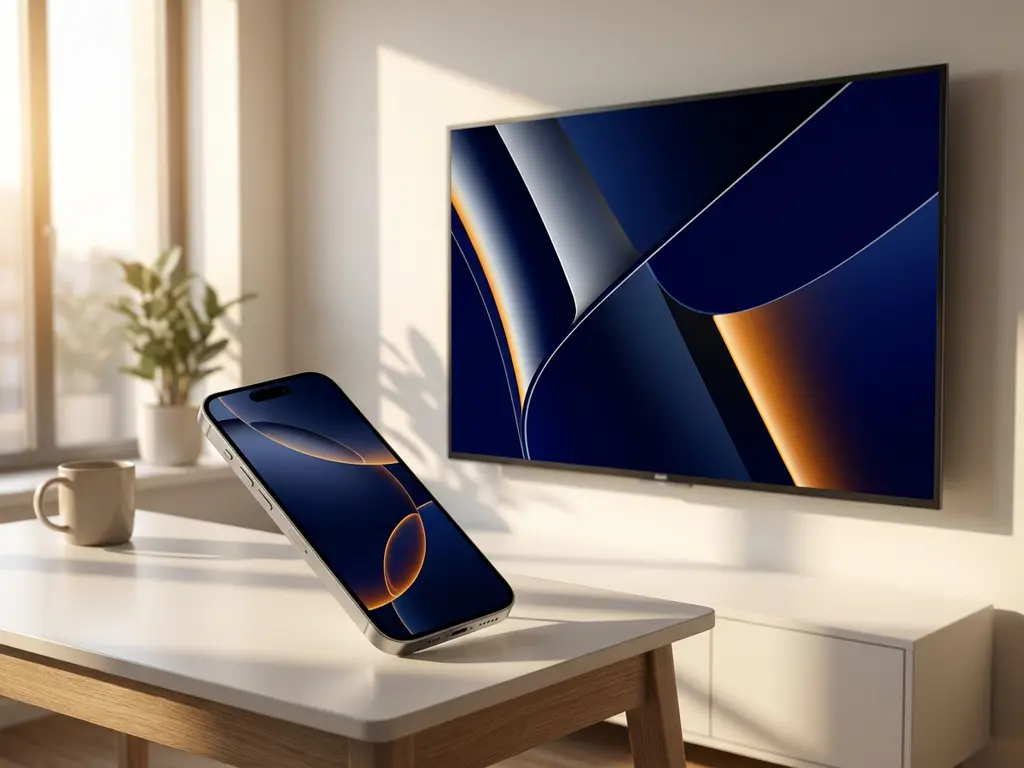 iPhone with tilted app interface on white desk beside Smart TV displaying same content in correct landscape orientation