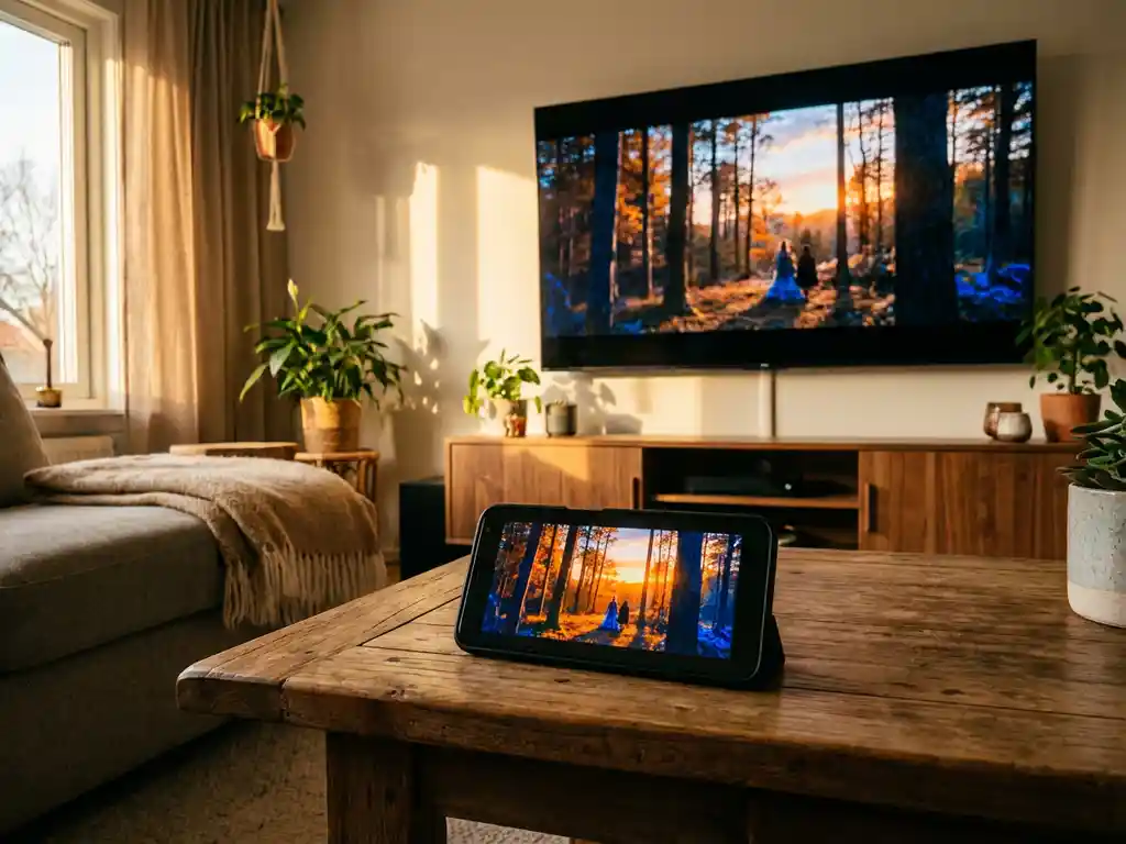 iPhone with color-shifted movie display next to Smart TV showing accurate colors on living room coffee table