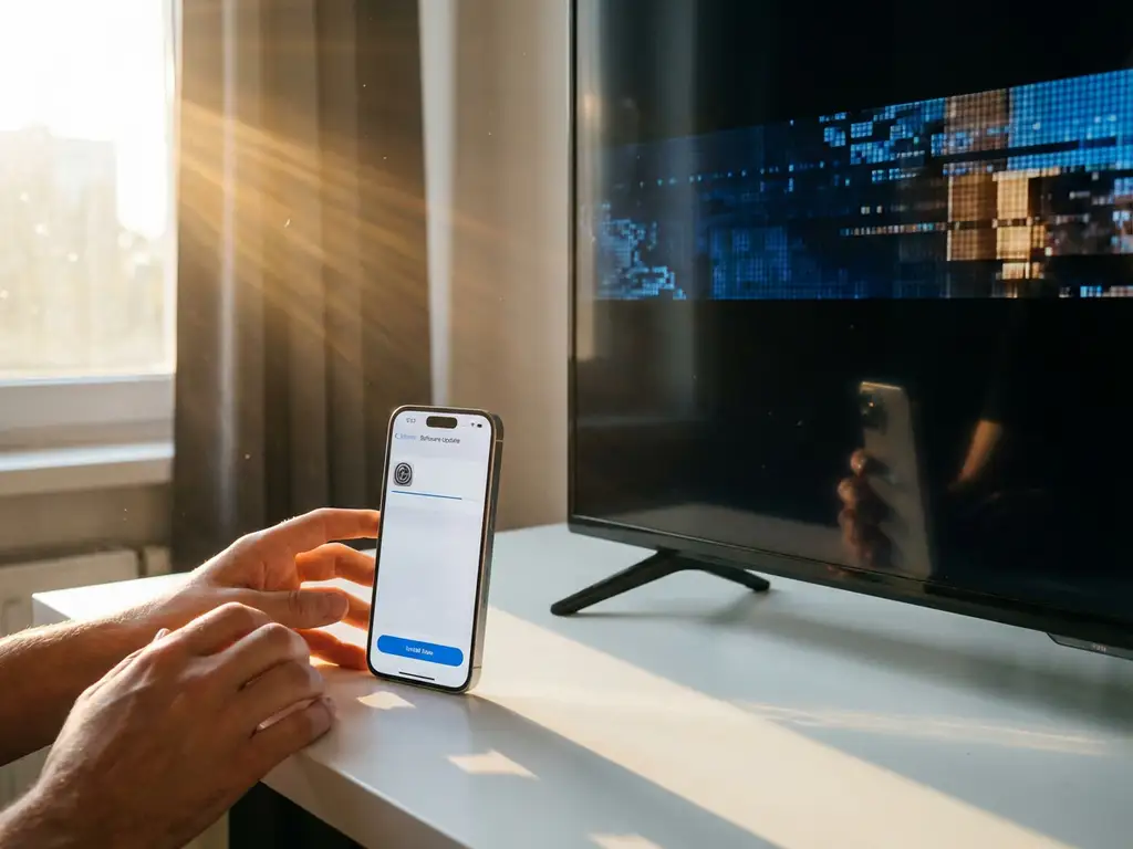 iPhone with software update progress bar on white desk beside smart TV displaying frozen mirrored screen with pixelated artifacts in golden sunlight