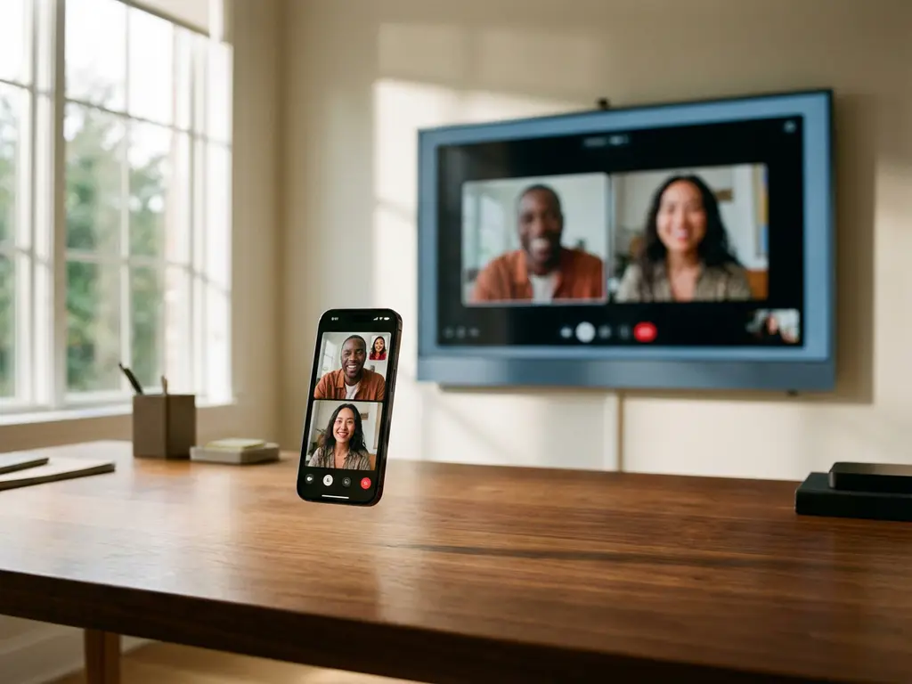 iPhone displaying video call hovering above walnut desk with content mirrored on wall-mounted smart TV in natural light