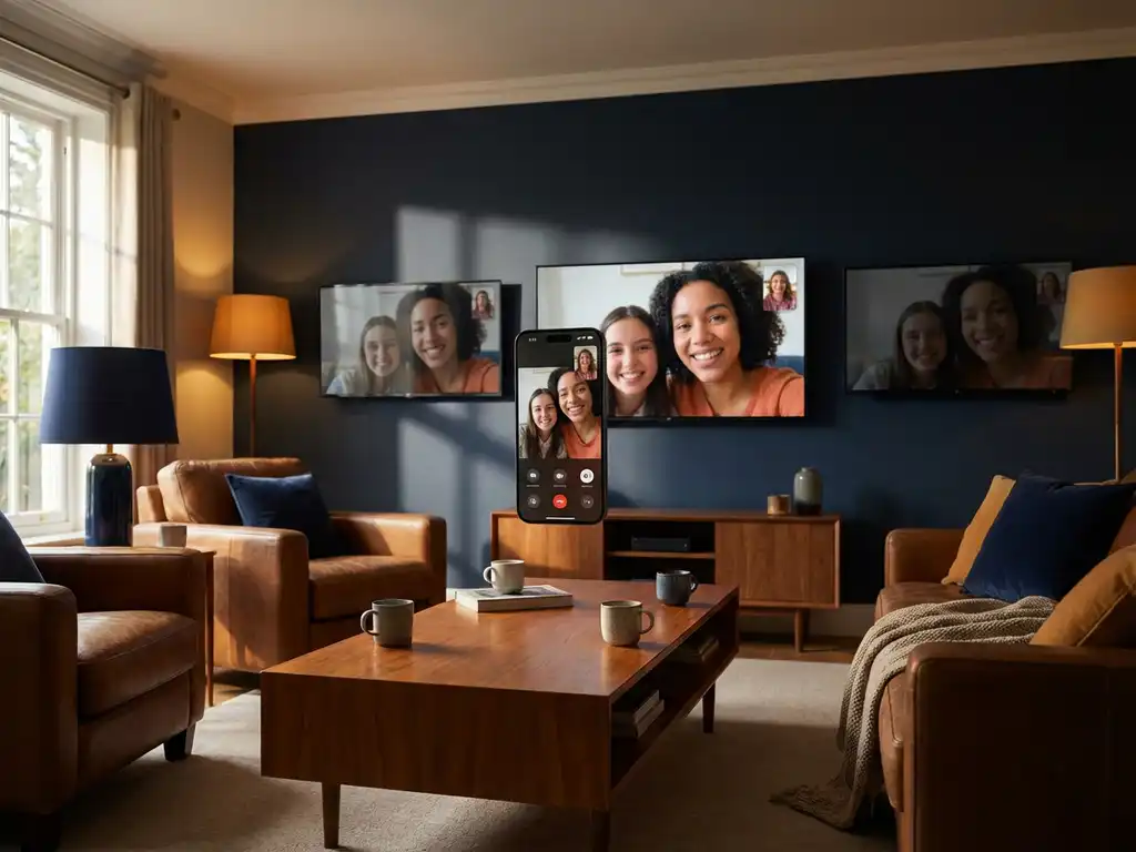 iPhone floating above coffee table displaying video call that mirrors across three smart TVs in warm living room with leather furniture
