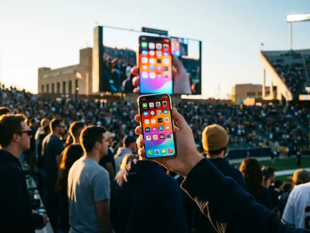 Hand holding iPhone with bright screen wirelessly mirroring content onto massive LED billboard in outdoor stadium during golden hour