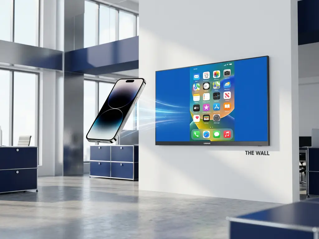 iPhone wirelessly mirroring its home screen to large wall-mounted digital display in modern corporate office with polished concrete floors