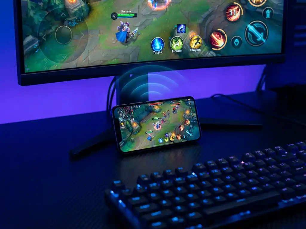 iPhone displaying colorful mobile game in front of curved gaming monitor showing same interface, connected by wireless signal visualization on black gaming desk
