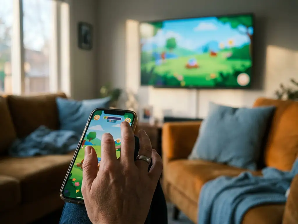 Parent's hand covering iPhone screen showing colorful children's app with TV displaying mirrored content in warm living room