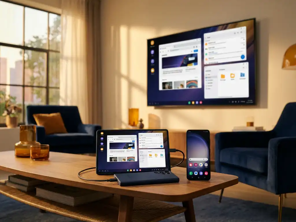 Samsung Galaxy smartphone with desktop interface beside Android phone casting to smart TV in modern living room with warm evening lighting