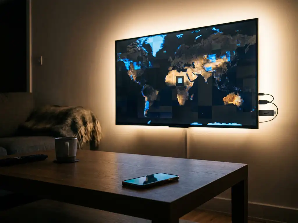 Amazon Fire TV Stick 4K connected to a flatscreen TV showing a frozen stuttering screen, with a smartphone on a dark oak coffee table nearby.