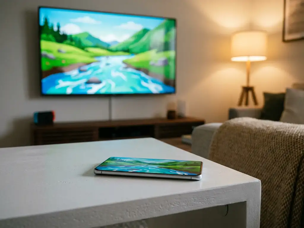 Android smartphone casting a vibrant video wirelessly to a TCL TV in a warmly lit living room.