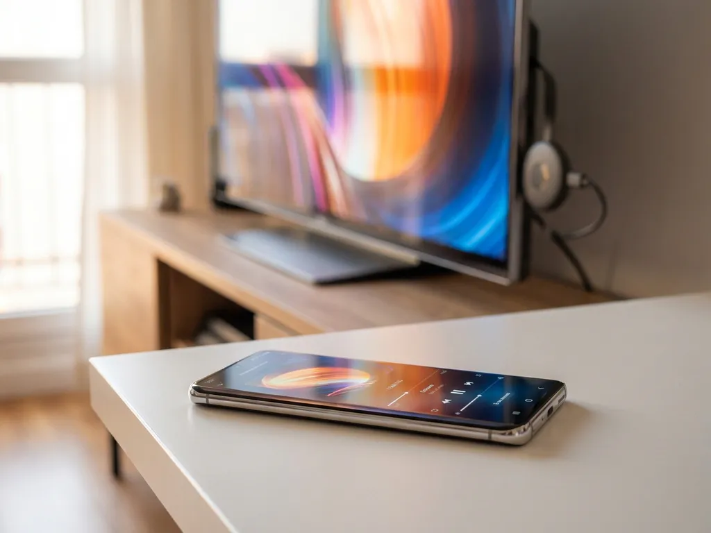 Android smartphone casting media app to a Chromecast-connected TV, both displaying mirrored content on a white desk.