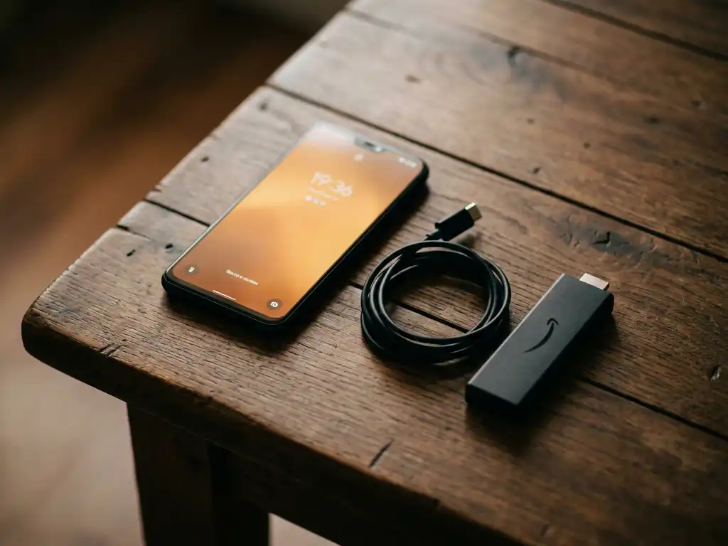 Android smartphone with glowing screen on wooden surface, unplugged power cable coiled nearby and Fire TV Stick beside it.