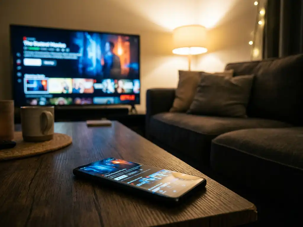Android smartphone screen mirroring a streaming app to an LG smart TV in a warmly lit living room.