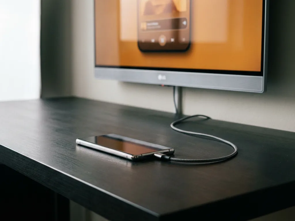 Android smartphone connected to LG TV via USB-C cable on dark desk, screen mirroring content with warm amber glow.