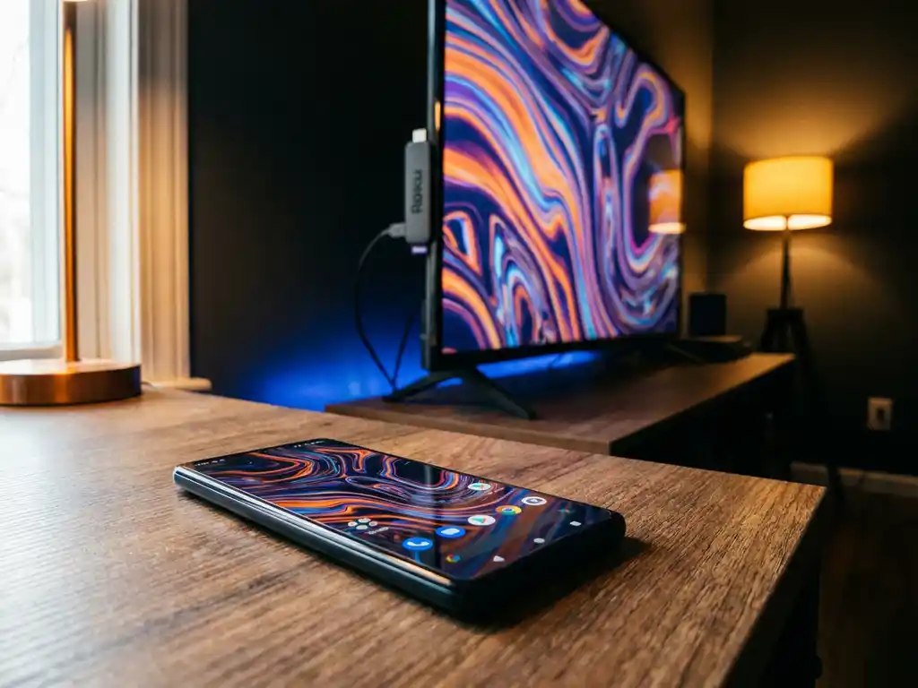 Android smartphone screen mirroring content to a Roku streaming stick on a large TV, warm ambient lighting on a minimalist desk.
