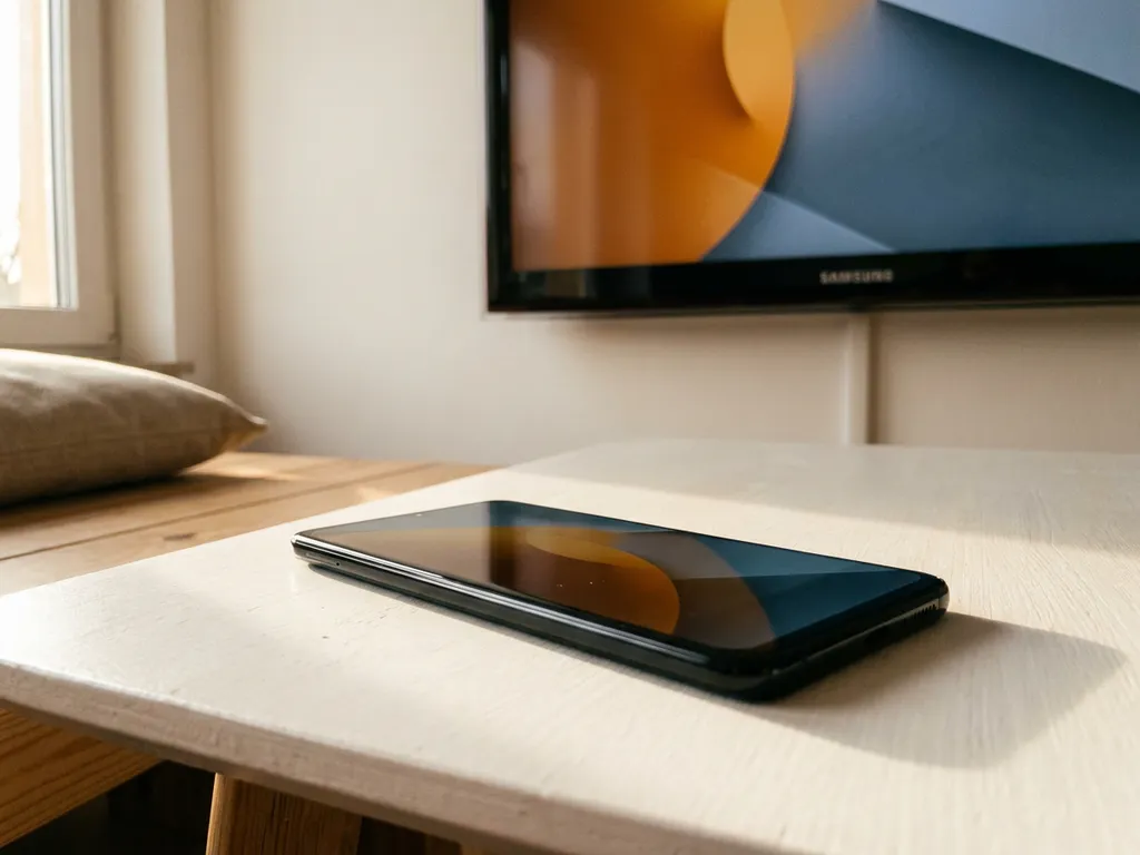 Android smartphone screen mirrored wirelessly on a Samsung TV, both glowing in warm amber and cool blue tones on a white surface.