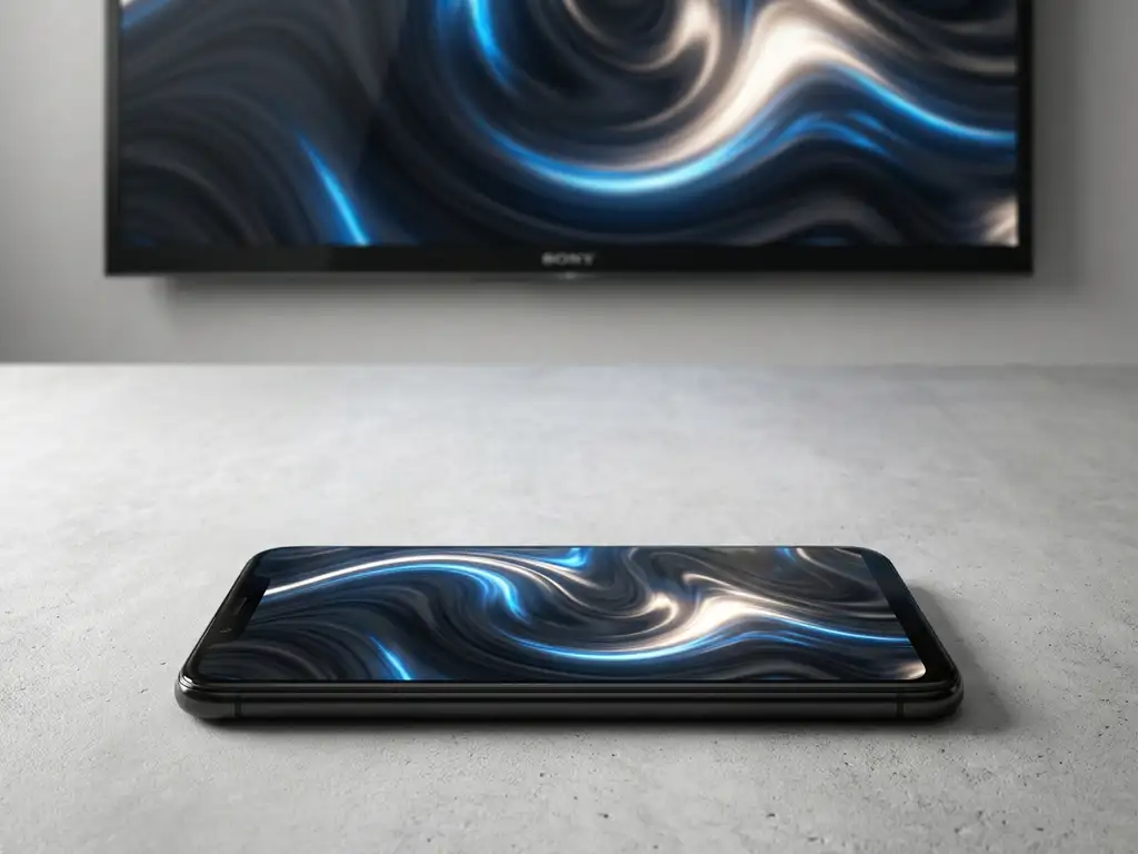 Android smartphone screen mirroring content wirelessly to a large Sony TV, both displaying matching vibrant images in a minimalist setting.