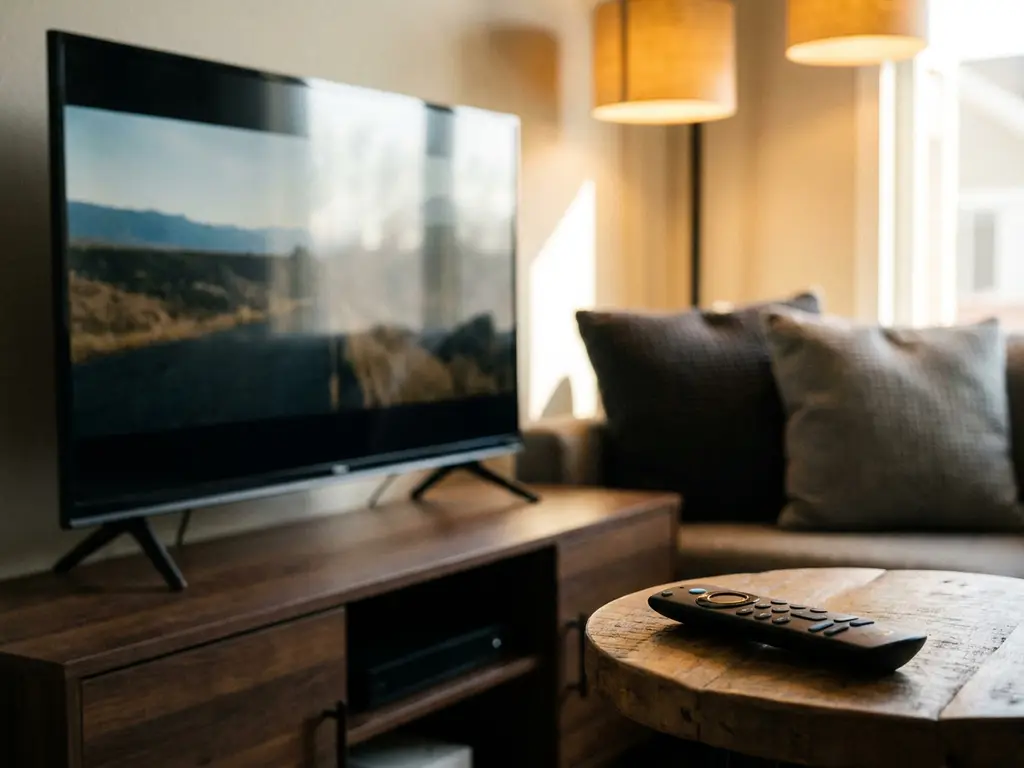 Flat-screen TV showing widescreen video with black letterbox bars, Fire TV remote on wooden side table in warm living room.