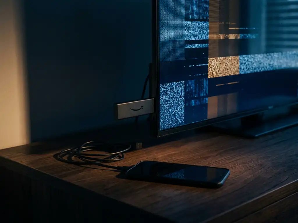 Fire TV Stick plugged into a flatscreen TV displaying a glitchy, fragmented screen, with a smartphone and tangled cable on a dark wooden desk.