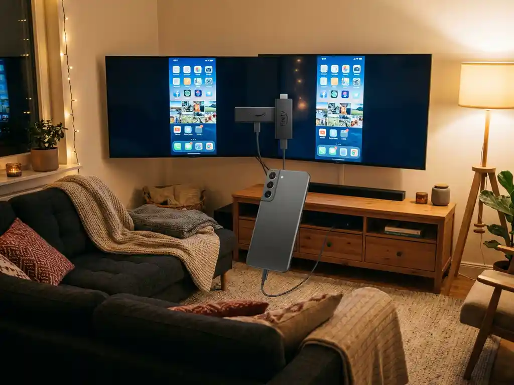 Amazon Fire TV Stick in a flatscreen TV mirroring a smartphone screen, warm living room with dark sofa and ambient lighting.