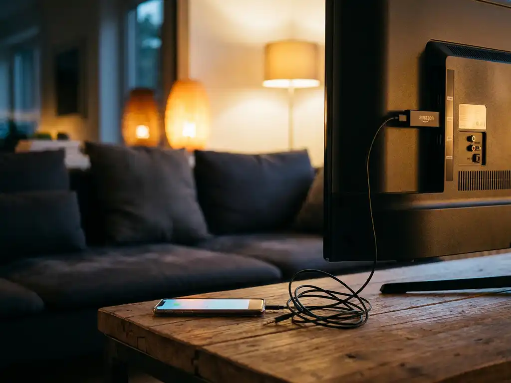 Fire TV Stick plugged into a flatscreen TV with a glowing smartphone and tangled aux cable on a wooden surface nearby.