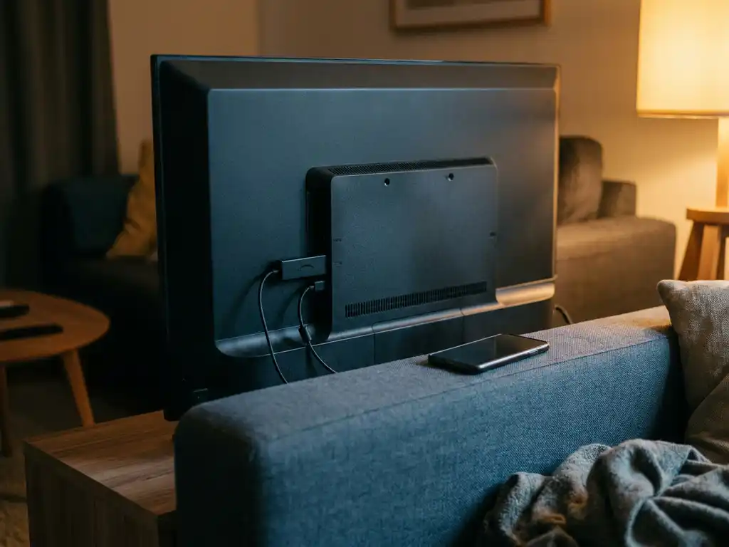 Fire TV Stick plugged into a flatscreen TV displaying a blank screen, smartphone resting on a couch armrest in a dimly lit living room.