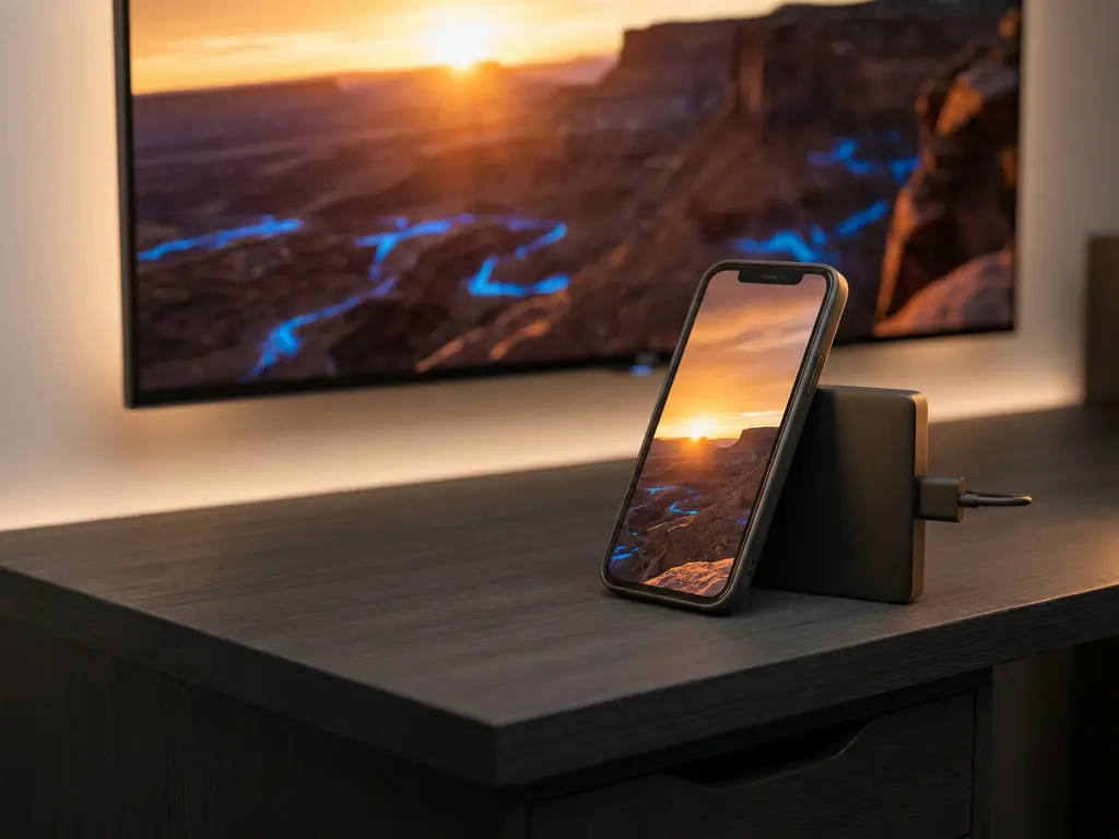 iPhone and Amazon Fire TV Stick displaying matching warm content, both resting on a dark desk with cinematic blue and amber lighting.