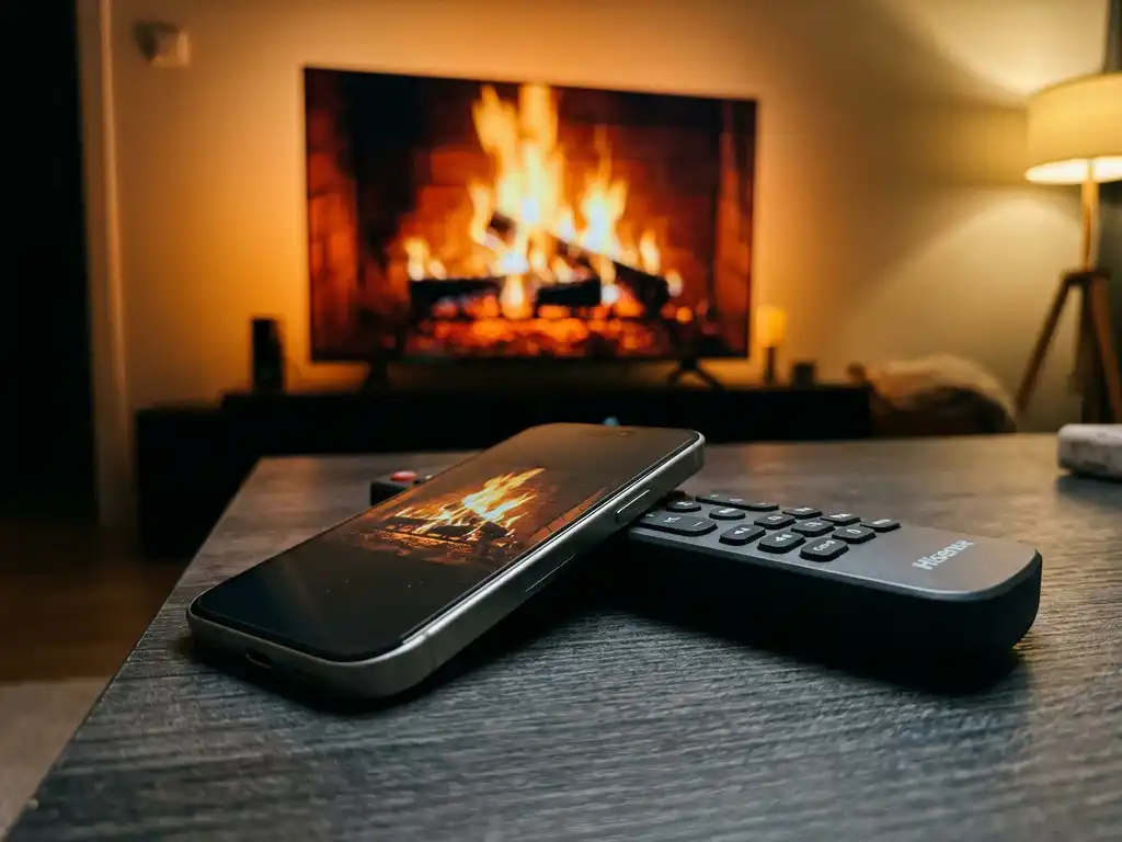 iPhone mirrored to a Hisense TV in a dimly lit living room, with the remote resting on a coffee table nearby.