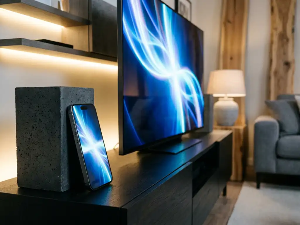 iPhone screen mirroring content to an LG OLED TV in a dimly lit modern living room with ambient backlighting.