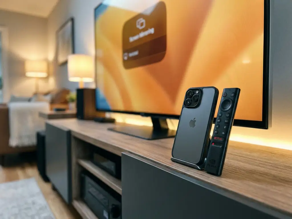 iPhone screen mirrored to a TV via Nvidia Shield, propped against the dark remote on an entertainment console with warm ambient lighting.