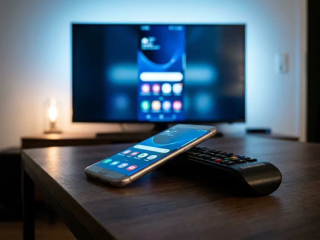 iPhone propped against a Samsung Smart TV remote on dark wood, with a mirrored phone interface glowing on the TV screen behind it.