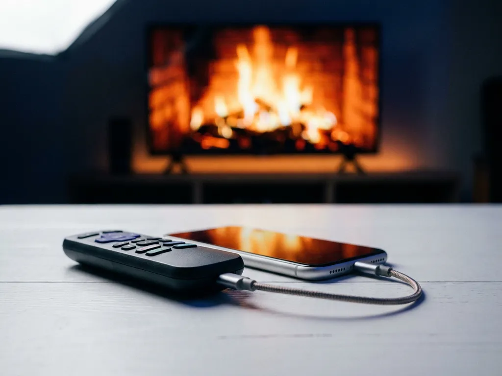 iPhone and Roku remote on a white desk connected by a thin cable, glowing TV screen visible in warm amber background light.