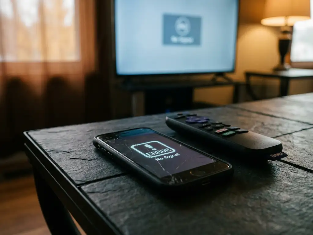 iPhone and Roku remote on dark slate surface with a TV showing no signal glowing softly in the background.