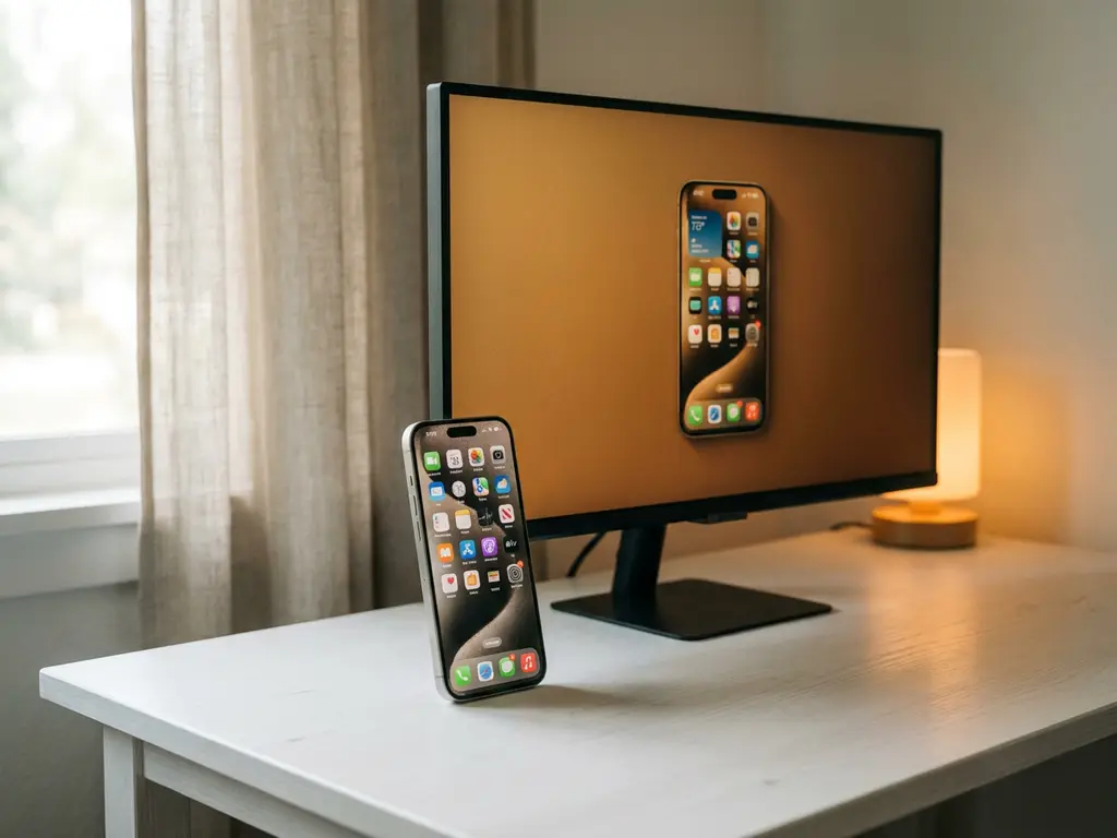 iPhone screen mirrored on a Samsung smart monitor, both devices on a white desk under soft natural light.