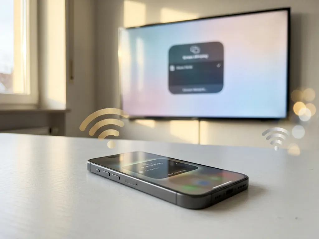 iPhone on white desk mirroring screen to a Samsung TV in the background using wireless screen sharing.