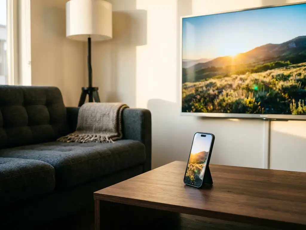 iPhone propped against a Sony TV mirroring the same content wirelessly in a modern living room with soft ambient lighting.