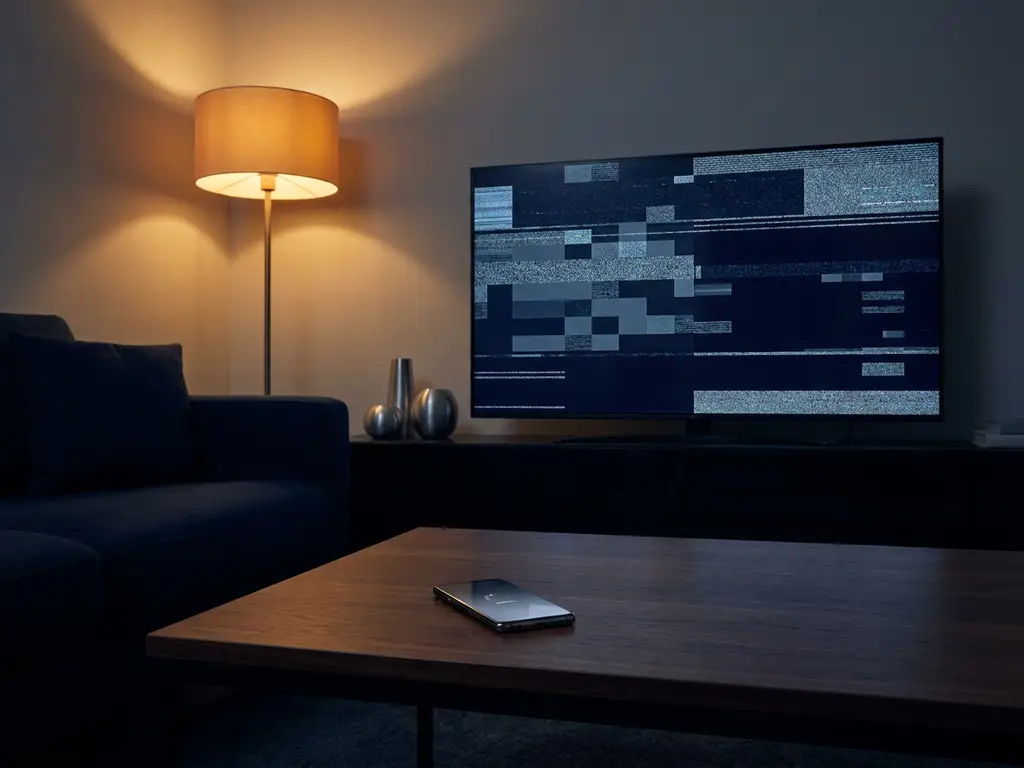 LG NanoCell TV showing a glitching connection screen in a dim living room, smartphone lit on a dark wood coffee table nearby.