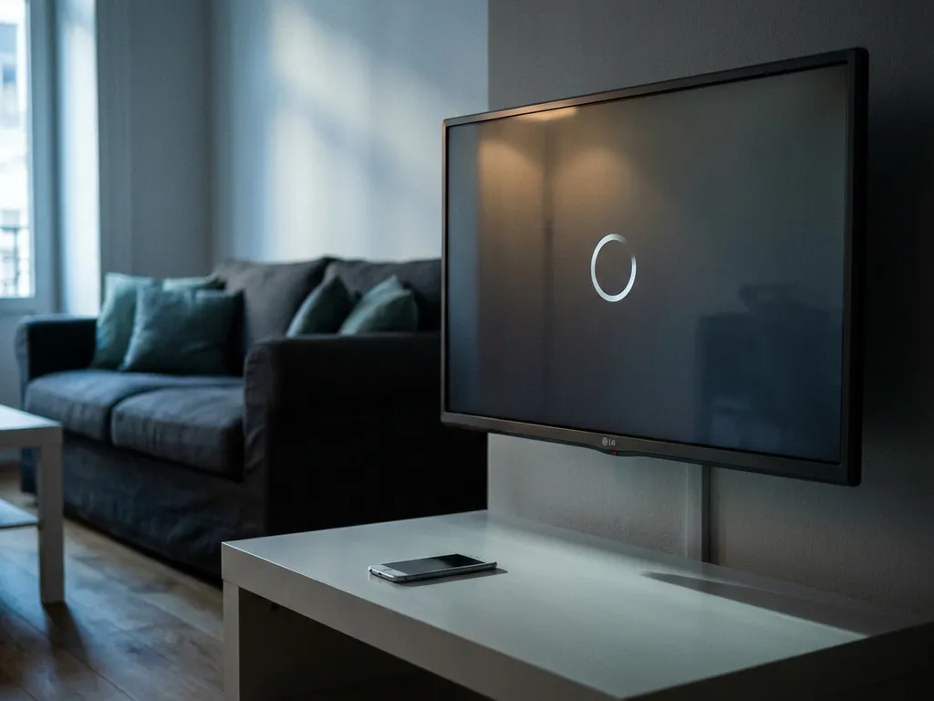 LG smart TV displaying a buffering spinner with a smartphone on a white coffee table in a dimly lit living room.