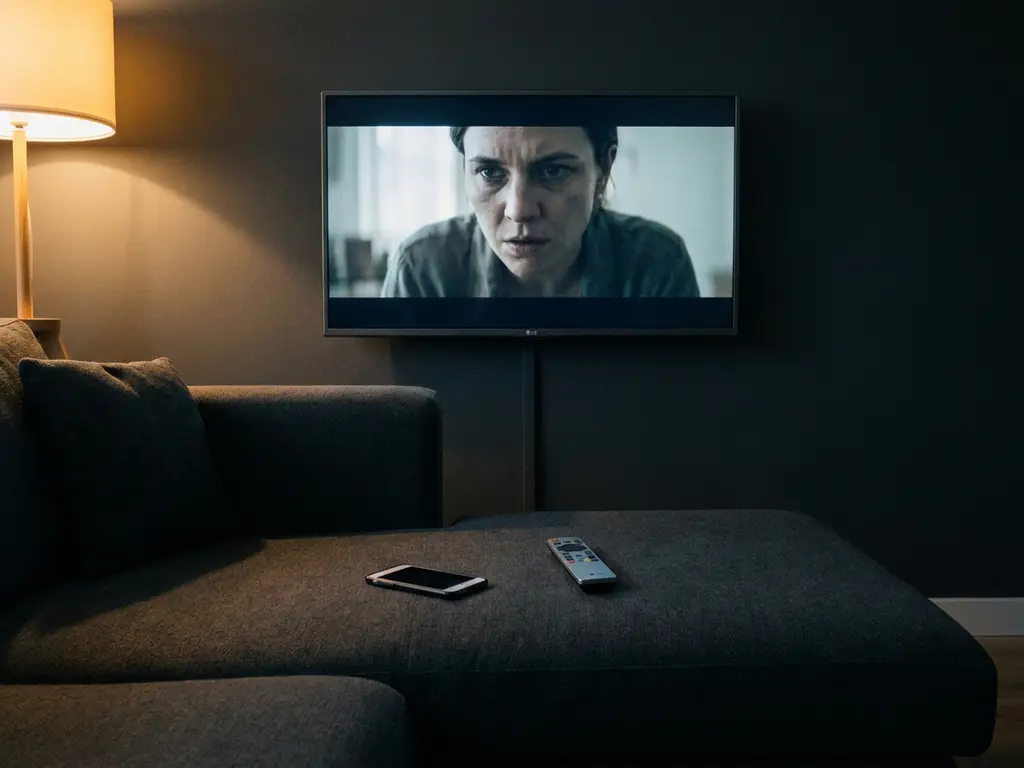 LG smart TV displaying a frozen video frame in a dimly lit modern living room, smartphone resting on the nearby couch armrest.