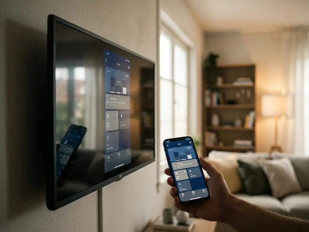 LG smart TV on living room wall mirroring a smartphone screen, both displaying identical content in warm ambient light.