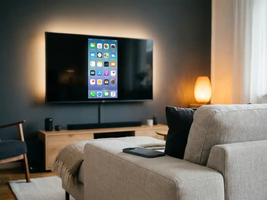 LG smart TV displaying a mirrored smartphone screen in a modern living room, phone resting on a linen sofa armrest with warm ambient lighting.