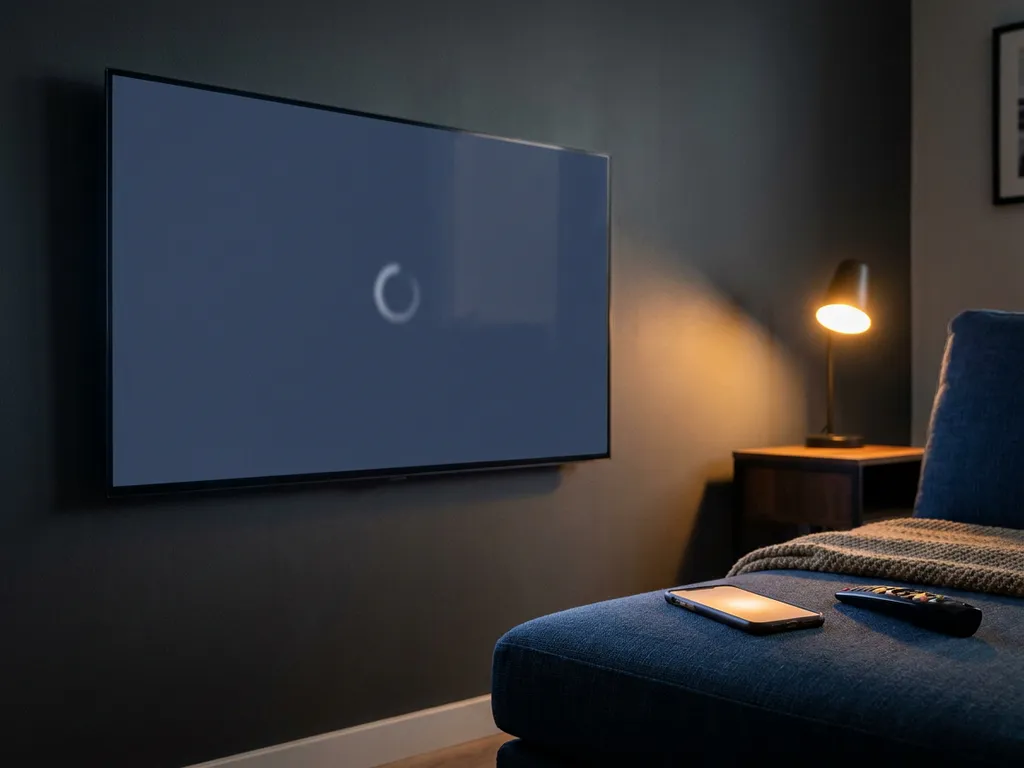 LG smart TV displaying a blank search screen in a dim living room, with a glowing smartphone resting on a nearby couch cushion.