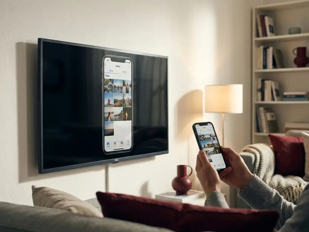 2018 LG smart TV wall-mounted in a cozy living room displaying a mirrored smartphone screen held at mid-distance.