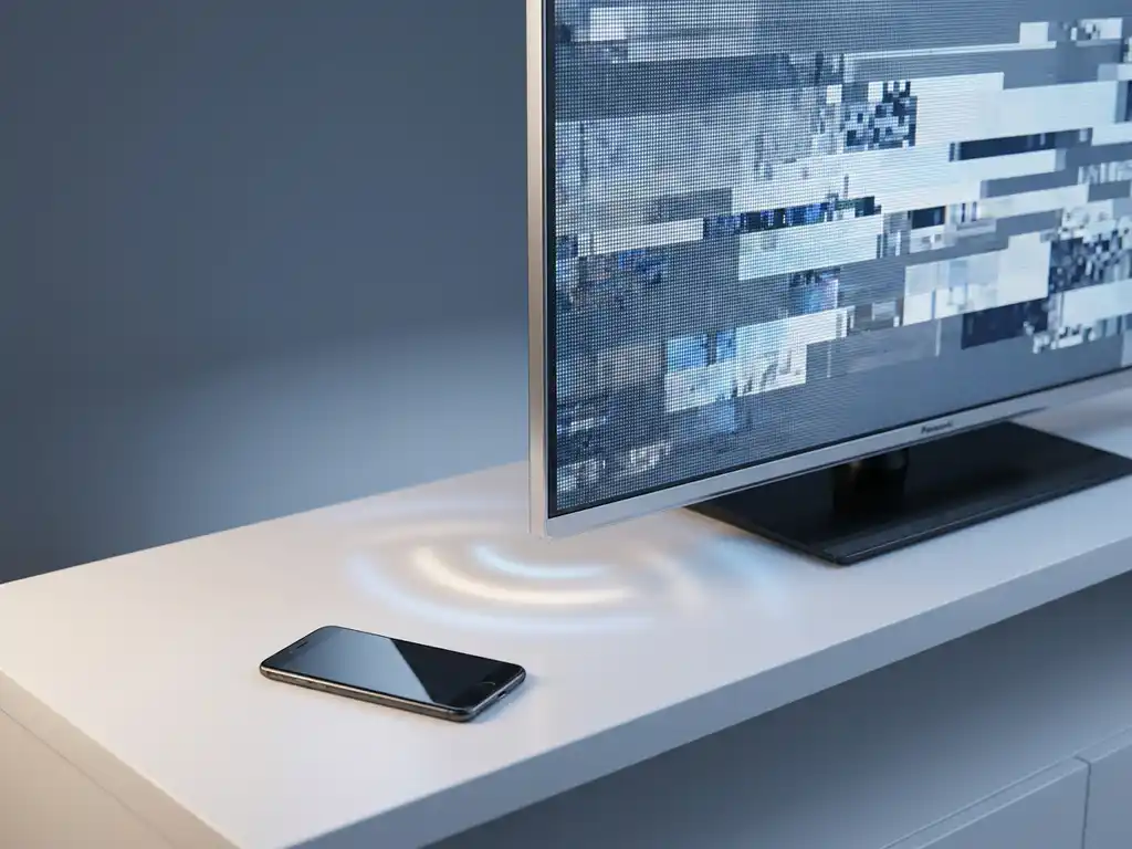 Panasonic smart TV displaying a frozen screen next to a smartphone on a white surface, with soft ambient wireless signal glow between devices.