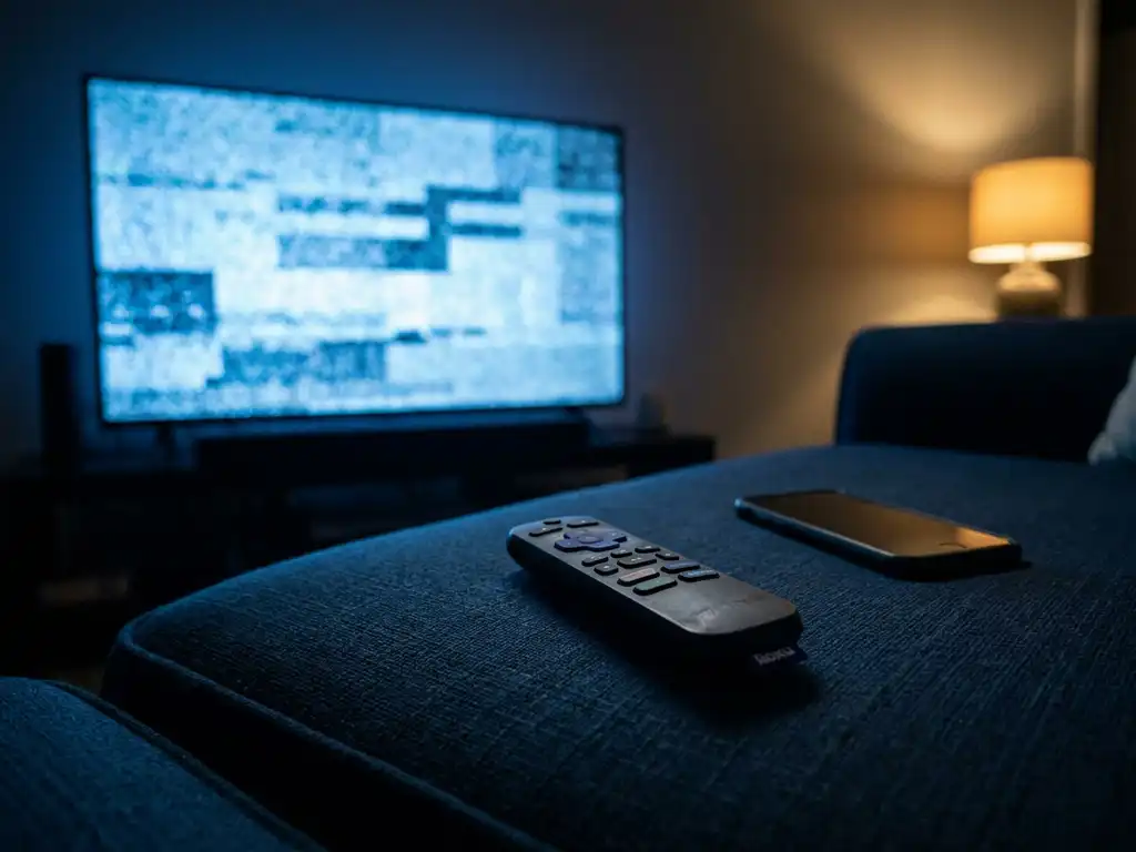 Roku remote on dark couch with TV displaying fragmented blue disconnection screen, suggesting a broken wireless connection.