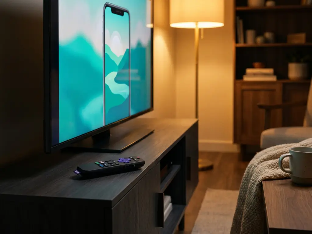 Roku remote beside a modern TV displaying a mirrored smartphone screen in a cozy living room with warm ambient lighting.