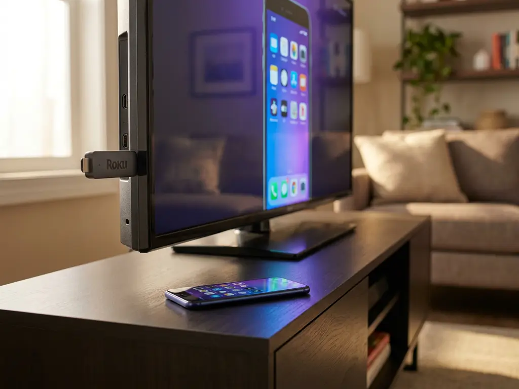 Roku streaming stick plugged into a flatscreen TV mirroring a smartphone screen, phone resting on an entertainment console in a softly lit living room.