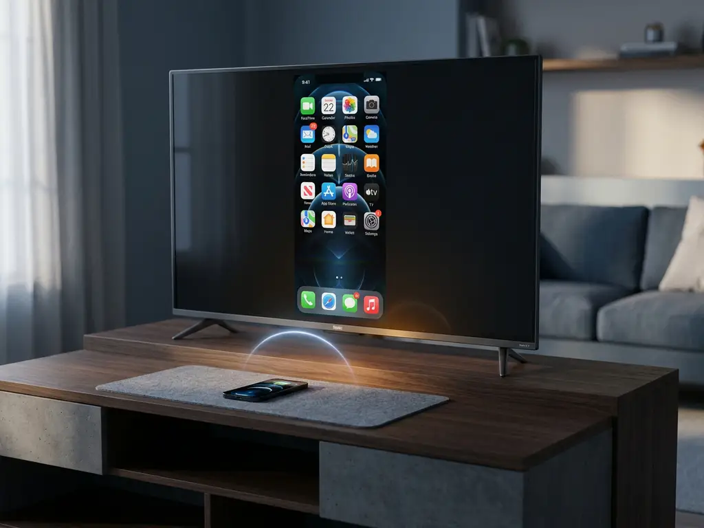 Smartphone screen mirrored wirelessly onto a Roku TV in a softly lit living room, with the phone resting nearby.