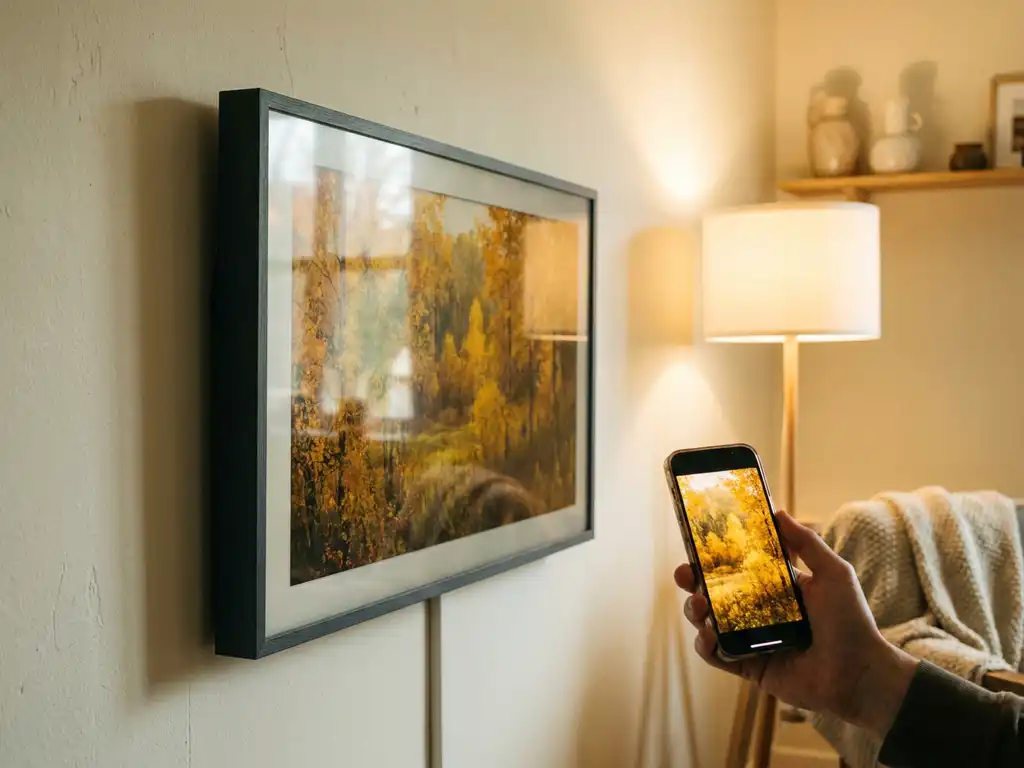 Samsung Frame TV displaying nature artwork on a cream wall while a smartphone casts matching content, warm golden ambient lighting.
